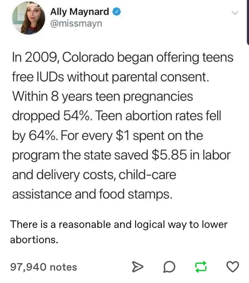 This meme is a humorous commentary on the state of abortion laws in the United States. The text reads: "In 2009, Colorado began offering free IUDs to teens without parental consent. Within 8 years, teen pregnancies dropped 54%. Teen abortion rates fell by 64%. For every $1 spent on the program, the state saved $5.85 in labor and delivery costs, child care, and food stamps. There is a reasonable and logical way to lower abortions."