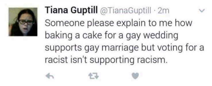 The meme is a screenshot of a tweet from user @TianaGuptill. The text reads: "Someone please explain to me why making a cake for a gay wedding supports gay marriage but voting for a black president doesn't support being black?" The tweet is a humorous and satirical commentary on the hypocrisy of some people's views on social issues.