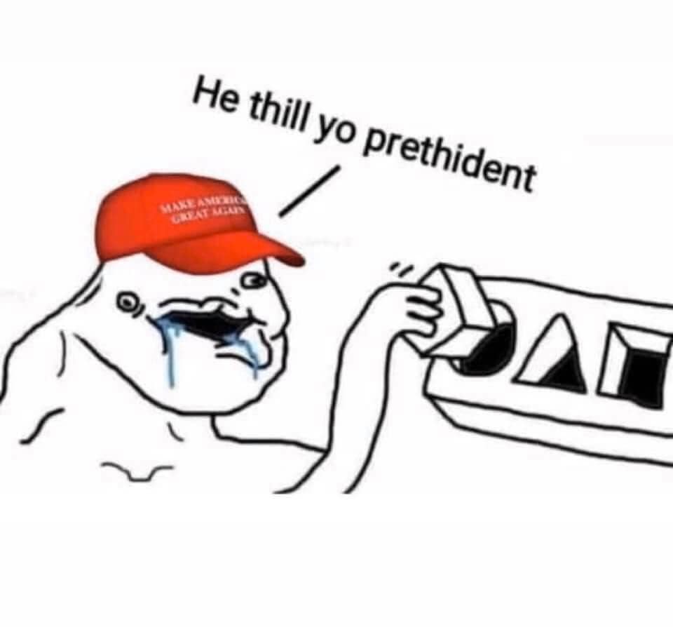This meme features a cartoon frog wearing a "Make America Great Again" hat, with a speech bubble that says "He thill yo prethident". The image is a play on the classic "Frog in the Pond" meme, with the frog's mispronunciation of "he'll" and "prethident" instead of "president". The text is a humorous example of a non-native English speaker's attempt to pronounce a phrase.