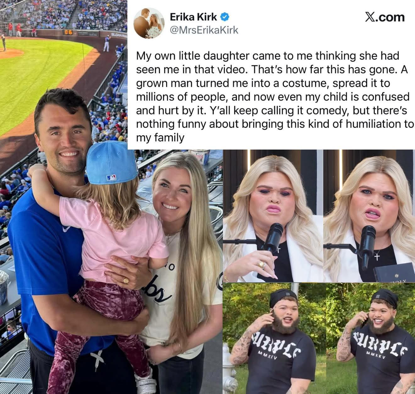The meme is a tweet from Erika Kirk, a Christian pastor's wife, where she shares a story about her daughter's experience with a video of a man who was so enthusiastic about a video that he turned himself into a costum...