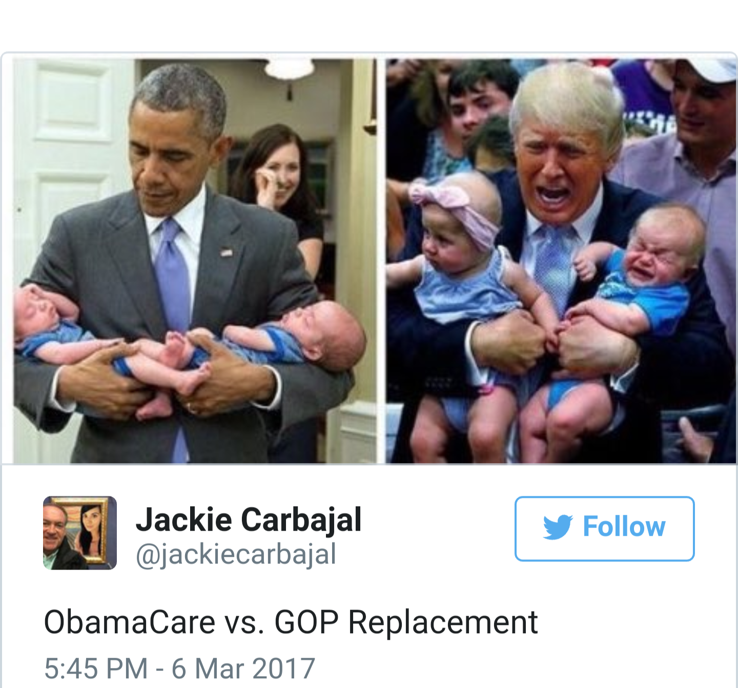 The meme is a side-by-side comparison of two photos: one of former President Barack Obama holding his newborn daughters, and one of President Donald Trump holding two babies. The text "ObamaCare vs. GOP Replacement" appears above the images.