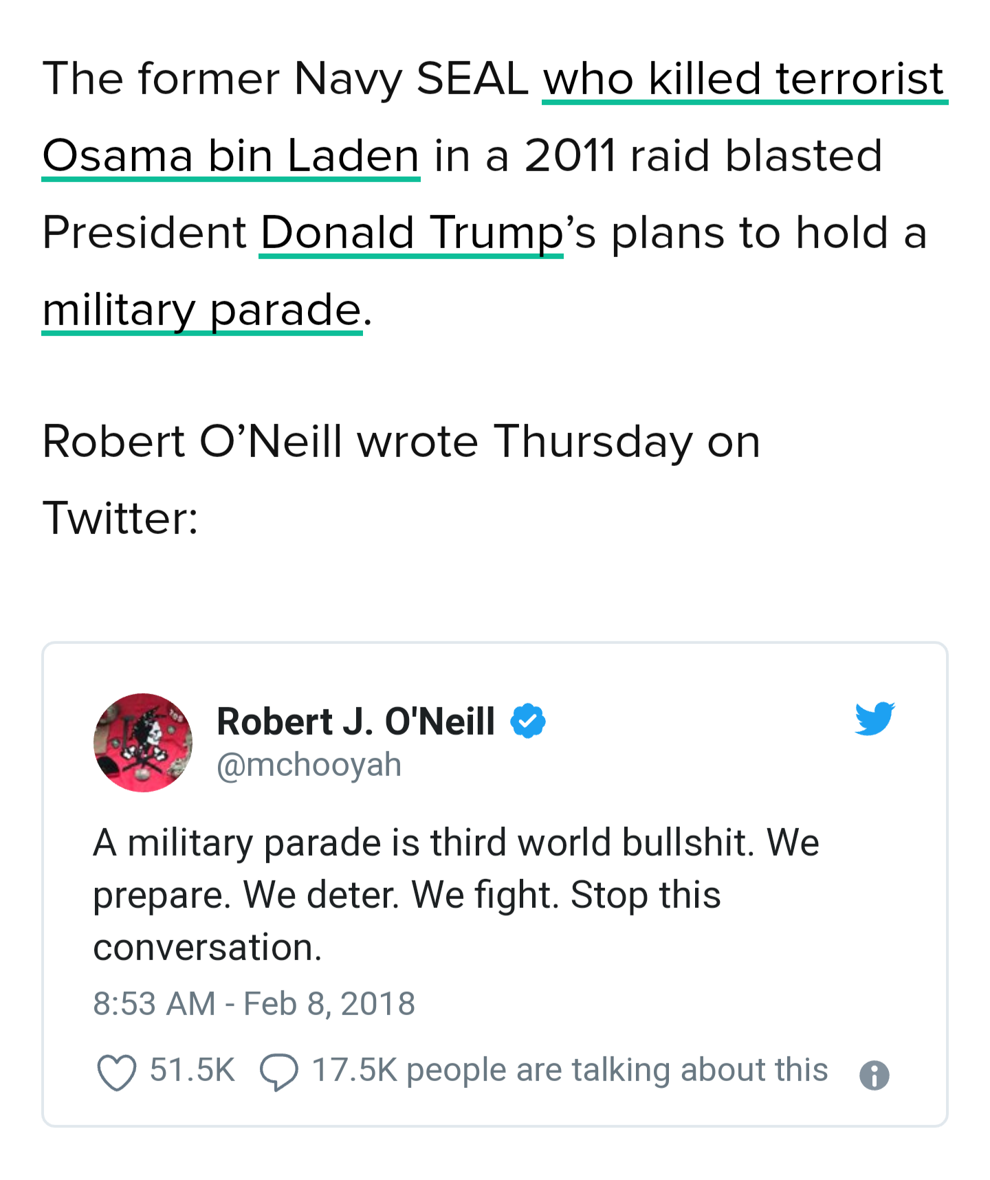 The meme is a tweet from Robert O'Neill, a former Navy SEAL, responding to a 2011 article about the raid that killed Osama bin Laden. The tweet states that a military parade is "third world bull***t" and that the US is "not a third world country".