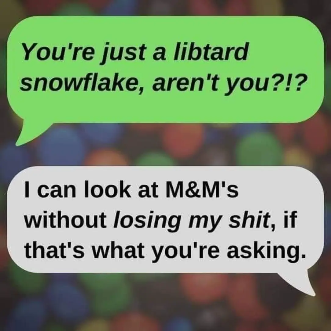 This meme is a humorous exchange between two people. The first person says "You're just a libtard snowflake" (a derogatory term for a liberal), to which the second person responds with a sarcastic and absurdly specific insult, "I can look at M&M's without losing my shit, if that's what you're asking."