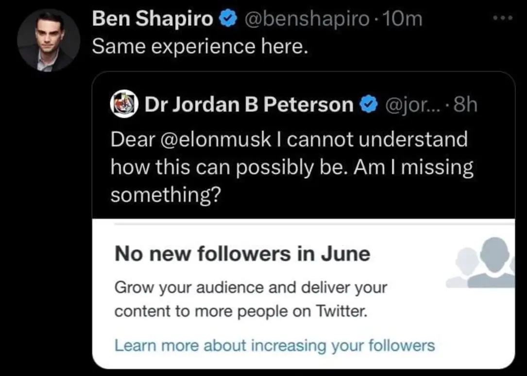 This meme is a screenshot of a Twitter conversation between Ben Shapiro and Jordan Peterson. Ben Shapiro responds to Jordan Peterson's question about how to understand Elon Musk's tweets, saying "Same experience here." The image shows a tweet from Jordan Peterson asking for an explanation of Elon Musk's tweets, and Ben Shapiro's response saying they have the same experience.