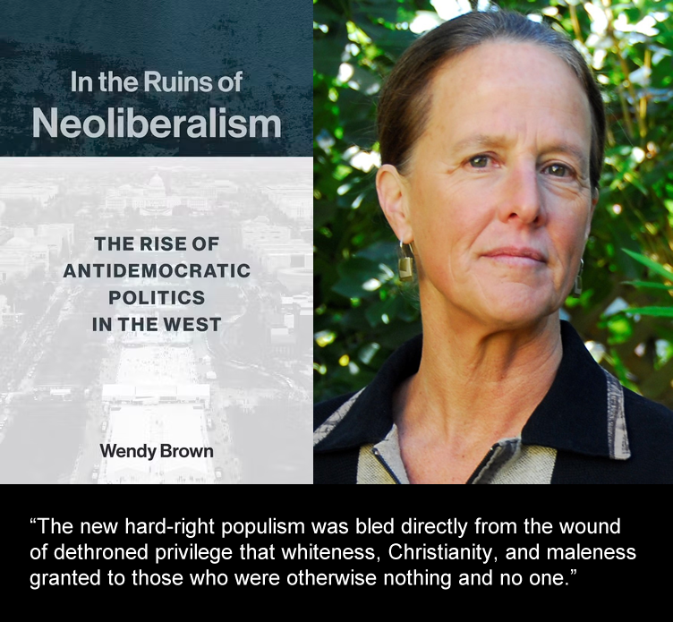 The meme is a satirical image featuring a woman with a stern expression, accompanied by the text "In the Ruins of Neoliberalism" and "The Rise of Anti-Democratic Politics in the West". The meme is a commentary on the...