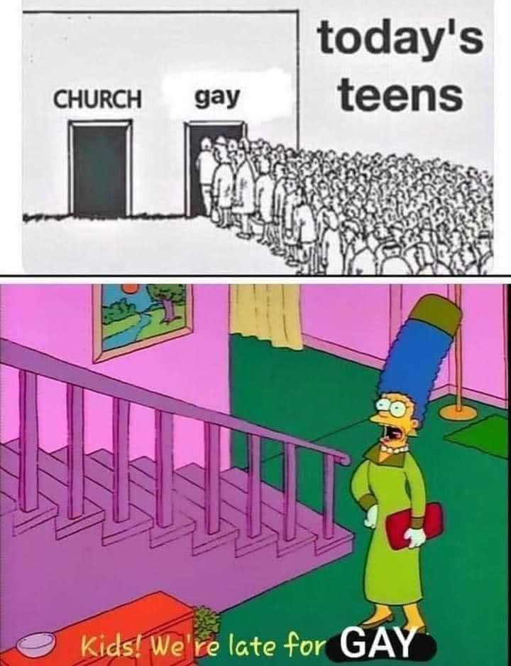 The meme is a humorous comparison between the expectations of a church congregation and a group of teenagers. It shows a church with a sign that says "Church" and a crowd of people, and then a similar crowd with a sign that says "Today's Teens" with a crowd of people, but with a few differences: the church crowd is all dressed in their Sunday best, while the "Today's Teens" crowd is all dressed in ripped jeans and tattoos. The text at the bottom of the meme reads "Church: We're late for God. Today's Teens: We're late for God."