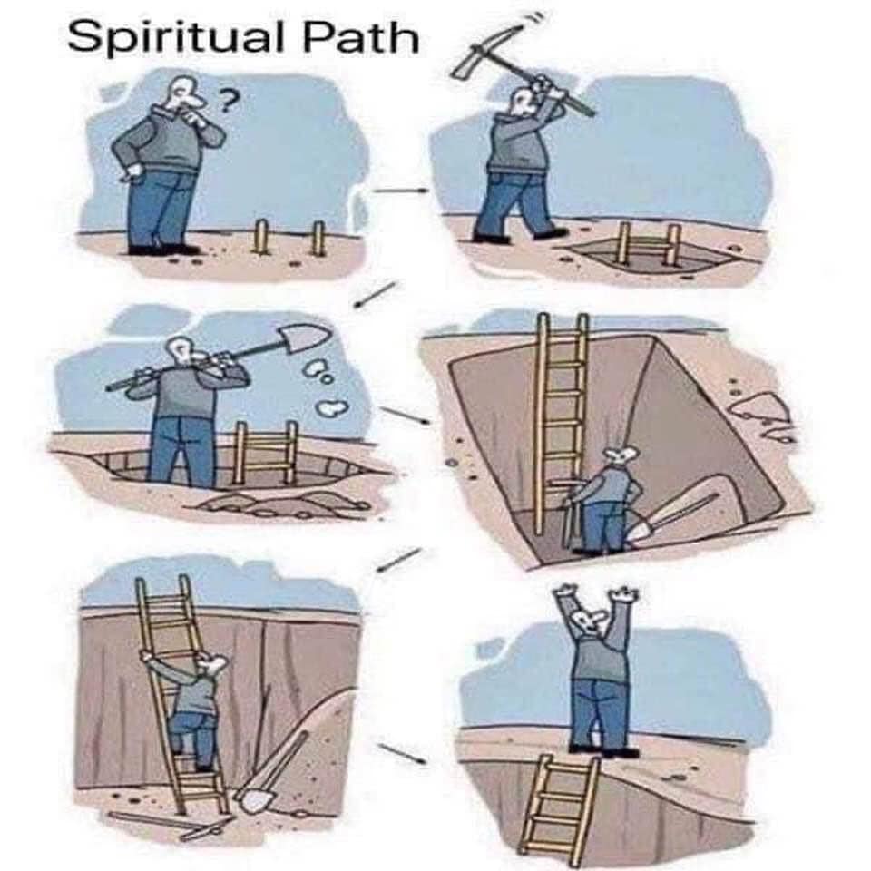 This meme is a humorous illustration of a person's spiritual journey, represented as a literal journey through a series of underground tunnels. The text "Spiritual Path" appears at the top of the image, and the accompanying text reads: "I'm not lost, I'm just on a spiritual path...". The image shows the person starting with a confident and self-assured attitude, but as they progress through the tunnels, they become increasingly disoriented and lost, finally ending up in a pit with a sign that says "Spiritual Path: End of Line".
