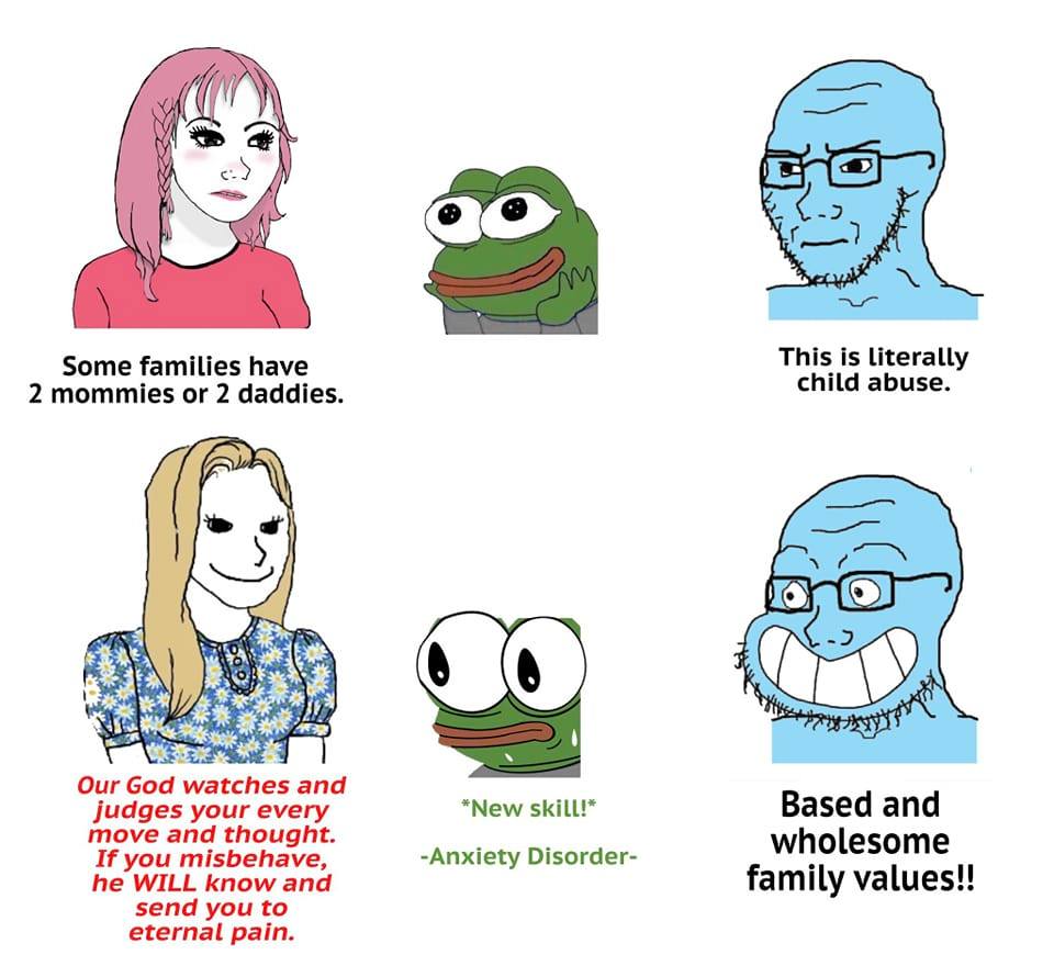 The meme is a humorous comparison between two contrasting family values. The left side features a stereotypical "good" mother and father, with the text "Some families have 2 mommies or 2 daddies." The right side features Pepe the Frog, a meme character known for his sarcastic and often insensitive comments, with the text "This is literally child abuse."