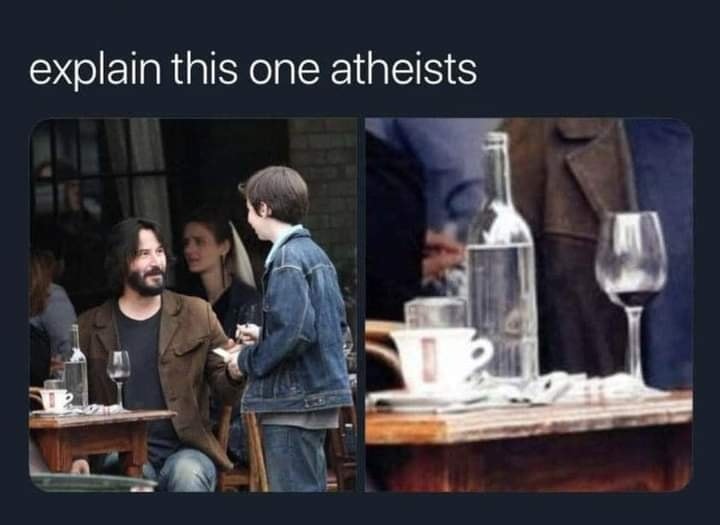 The meme is a humorous comparison between the way a Christian (or "Christian" in this case) and an atheist (or "atheist" in this case) would explain a situation. The meme shows a Christian explaining to an atheist that God is like a wine glass that is empty, and the atheist responding with a photo of an empty wine glass. The text at the top of the meme reads "explain this one atheists".
