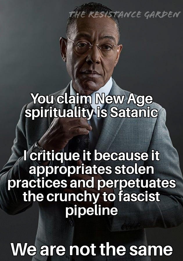 This meme features a photo of a character from the TV show Breaking Bad, specifically Gus Fringe, with a quote from the show. The quote reads: "You claim New Age spirituality is Satanic. I critique it because it appropriates stolen practices and perpetuates the crunchy to fascist pipeline." The meme is a humorous commentary on the topic of spirituality and its connection to the show's themes of morality and ethics.