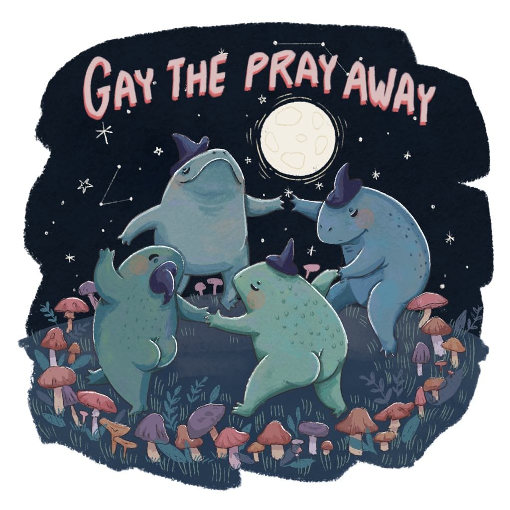 This meme is an image of four anthropomorphic frogs dancing in a circle around a full moon, with the caption "Gay the Pray Away". The image is likely referencing a 2020 song by Christian rapper Toby Mac, "The Pray", which was re-released as "The Pray (Gay The Pray)" in 2022. The image is humorous and satirical, implying that the song's re-release was a way to "pray away" the LGBTQ+ community.