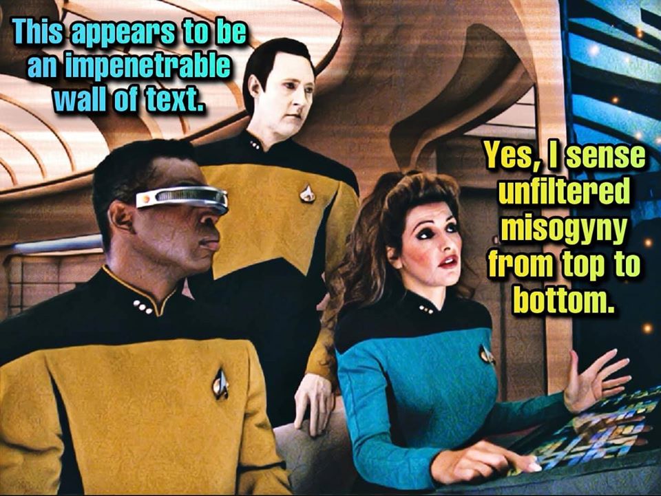 This meme is a screenshot from the TV show Star Trek: The Next Generation, featuring the crew of the USS Enterprise in a futuristic setting. The image is captioned with a quote from the show's character Data, which reads: "This is a very... interesting... wall of text." The meme is a humorous commentary on the idea that some people's writing style is so convoluted and impenetrable that it's like a physical wall.