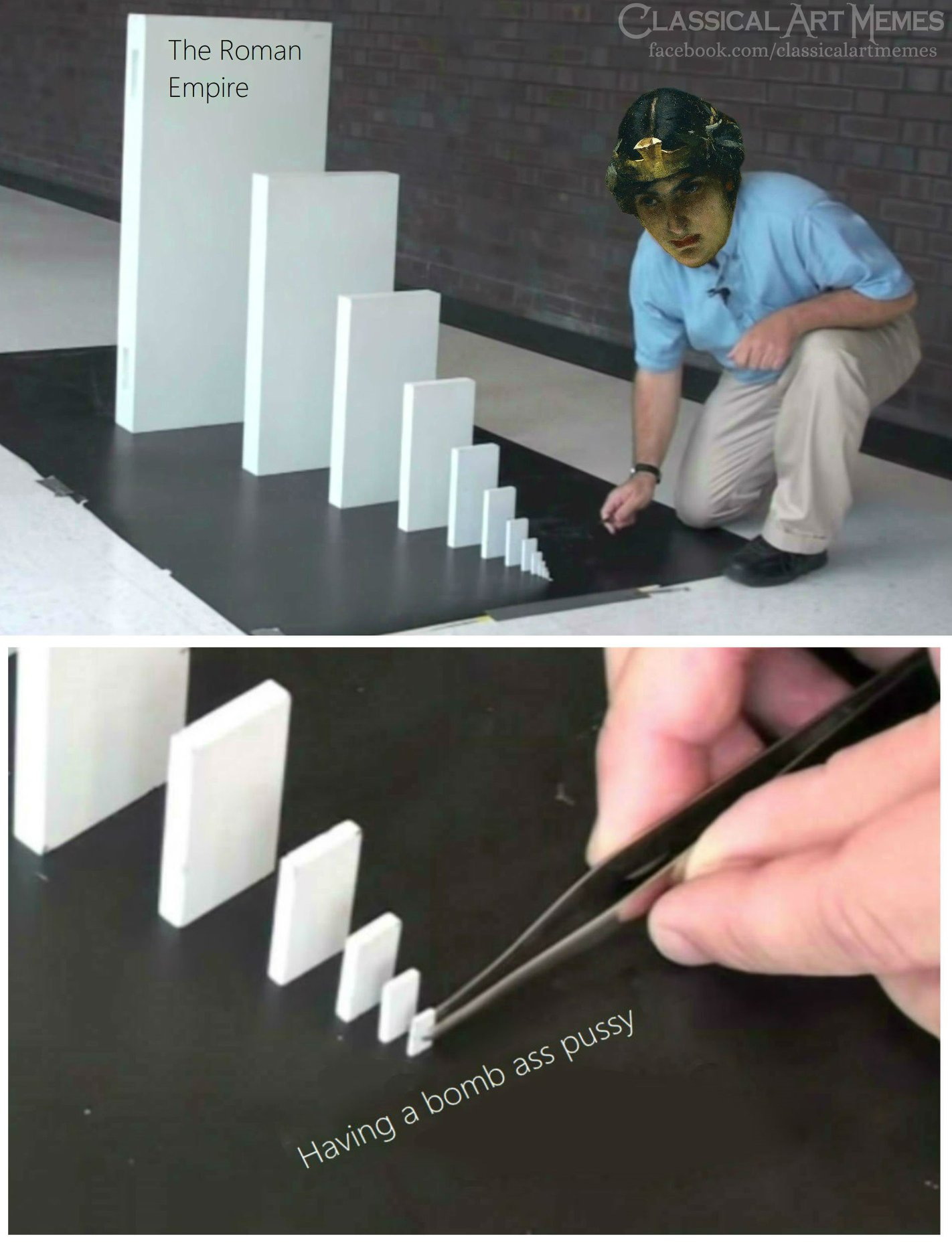 This meme is a humorous comparison between the Roman Empire and the COVID-19 pandemic. The image shows a man building a pyramid with blocks, but the blocks are labeled "The Roman Empire" and "The COVID-19 Pandemic". The text "The Roman Empire" is at the top of the pyramid, and "The COVID-19 Pandemic" is at the bottom.