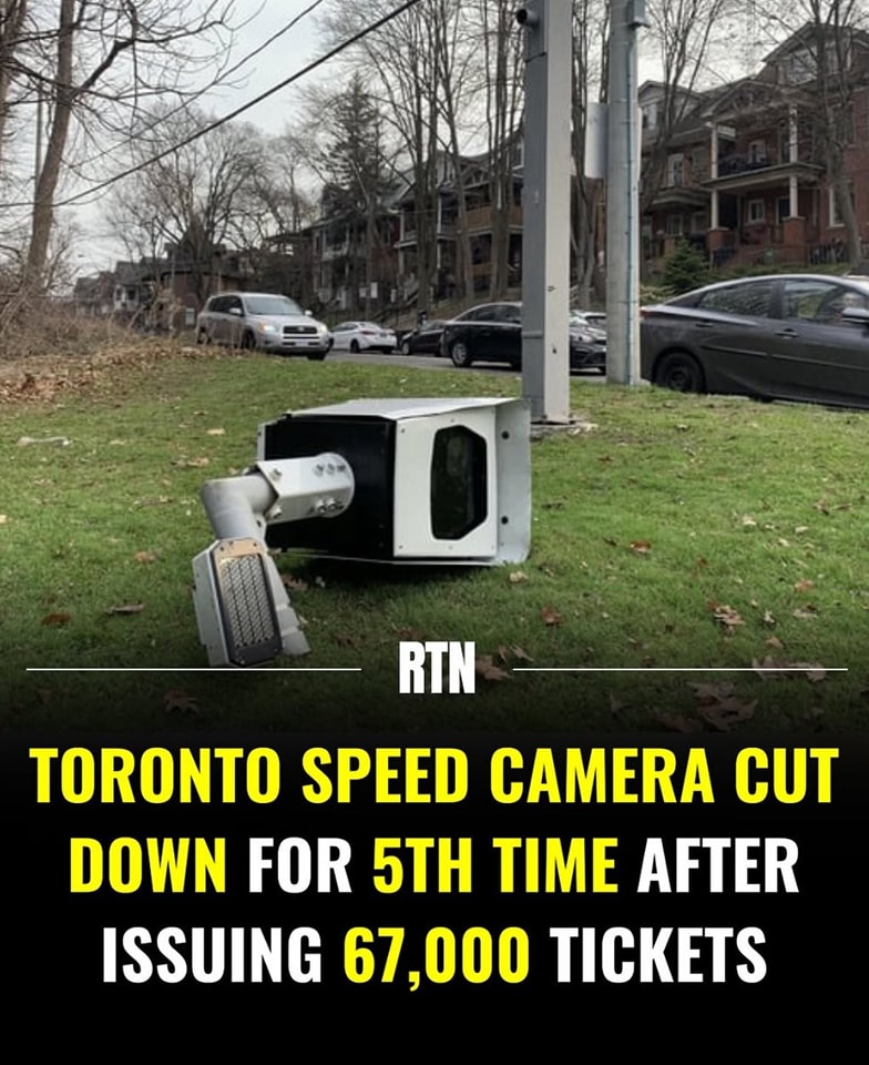 This meme is a humorous take on a news article about a traffic camera in Toronto that was damaged in a storm and was subsequently cut down. The text "TORONTO SPEED CAMERA CUT DOWN FOR 5TH TIME AFTER ISSUING 67,000 TICKETS" is written in bold, yellow font at the top of the image. The image itself shows a broken and destroyed traffic camera lying on the ground, with a few cars in the background and a tree in the foreground.