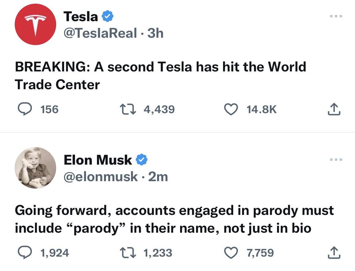 The meme is a screenshot of a Twitter conversation between Elon Musk and the Twitter account for Tesla. The conversation starts with a tweet from the Tesla account stating "BREAKING: A second Tesla has hit the World Trade Center". Elon Musk responds with a tweet saying "Going to need to update the manual to cover this event".