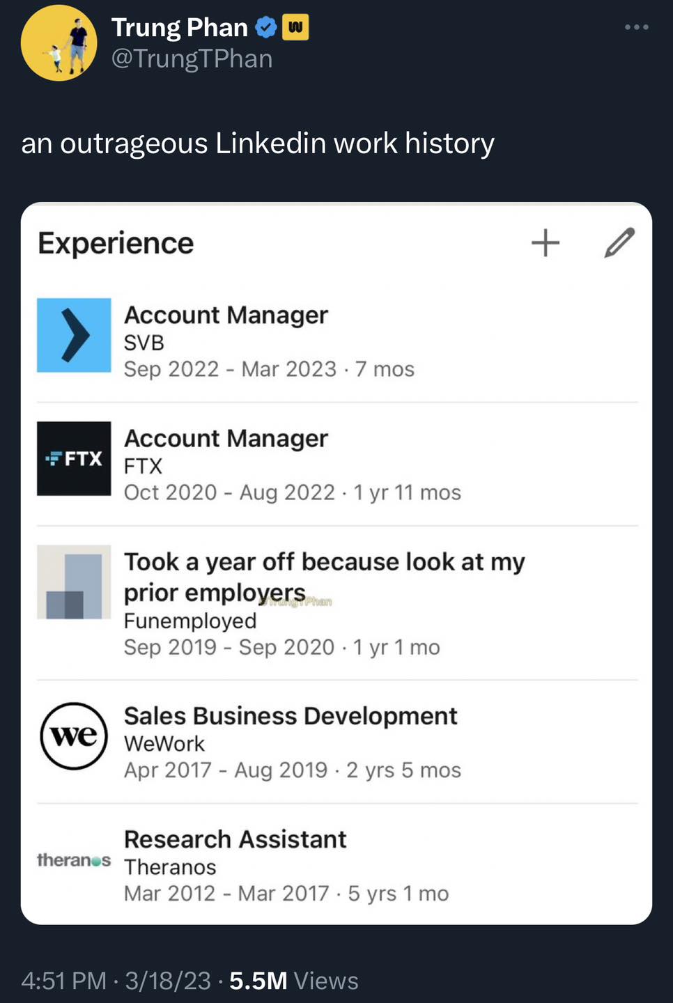 This meme is a screenshot of a LinkedIn profile, but it's not a typical one. The user has listed various jobs they've had, but they're all very short-term and seem to be jokes. The text reads: "In 2022, I was an accountant. In 2023, I was a dog food taste tester. In 2024, I'm unemployed."