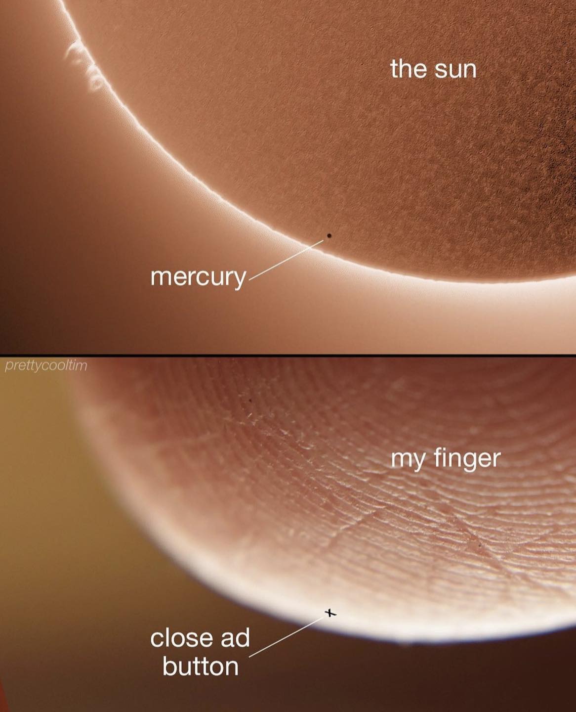 This meme is a humorous comparison of the size of a person's finger to the size of the planet Mercury. The image shows a close-up of a person's finger with the label "me" and the label "Mercury" next to it, with the text "I'm tiny" written above it. The meme is poking fun at the idea that the person is so small in comparison to the planet.