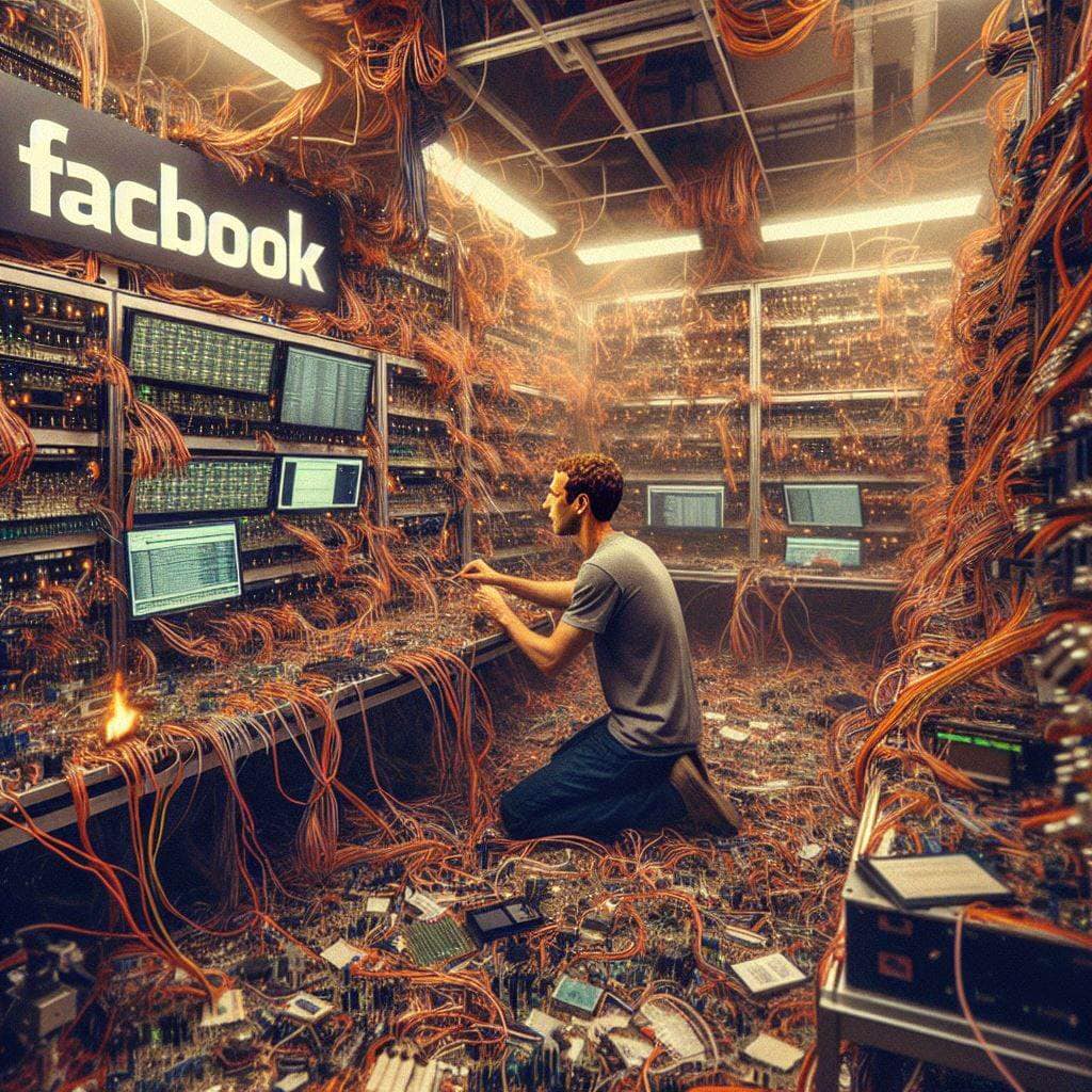 The meme depicts a chaotic and cluttered computer room, with cables and wires everywhere. The image shows a person surrounded by screens and machines, with a "Facebook" logo in the background. The text "Facebook is down" is likely displayed on one of the screens, implying that the company's servers are experiencing technical difficulties.