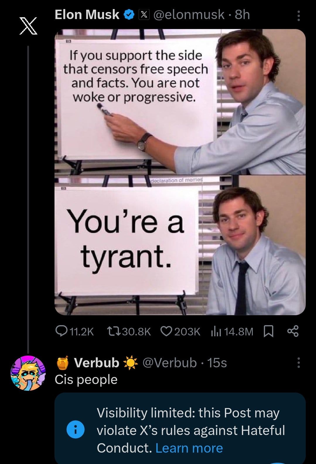 The meme is a screenshot of a Twitter post from Elon Musk, featuring a character from the TV show "The Office" explaining a meme. The text on the image reads: "If you support free speech, you are a supremacist. If you hate free speech, you are a democrat. If you are a democrat, you are a supremacist." The meme is a satirical commentary on the complexities of free speech and the labels that can be used to describe people's opinions.