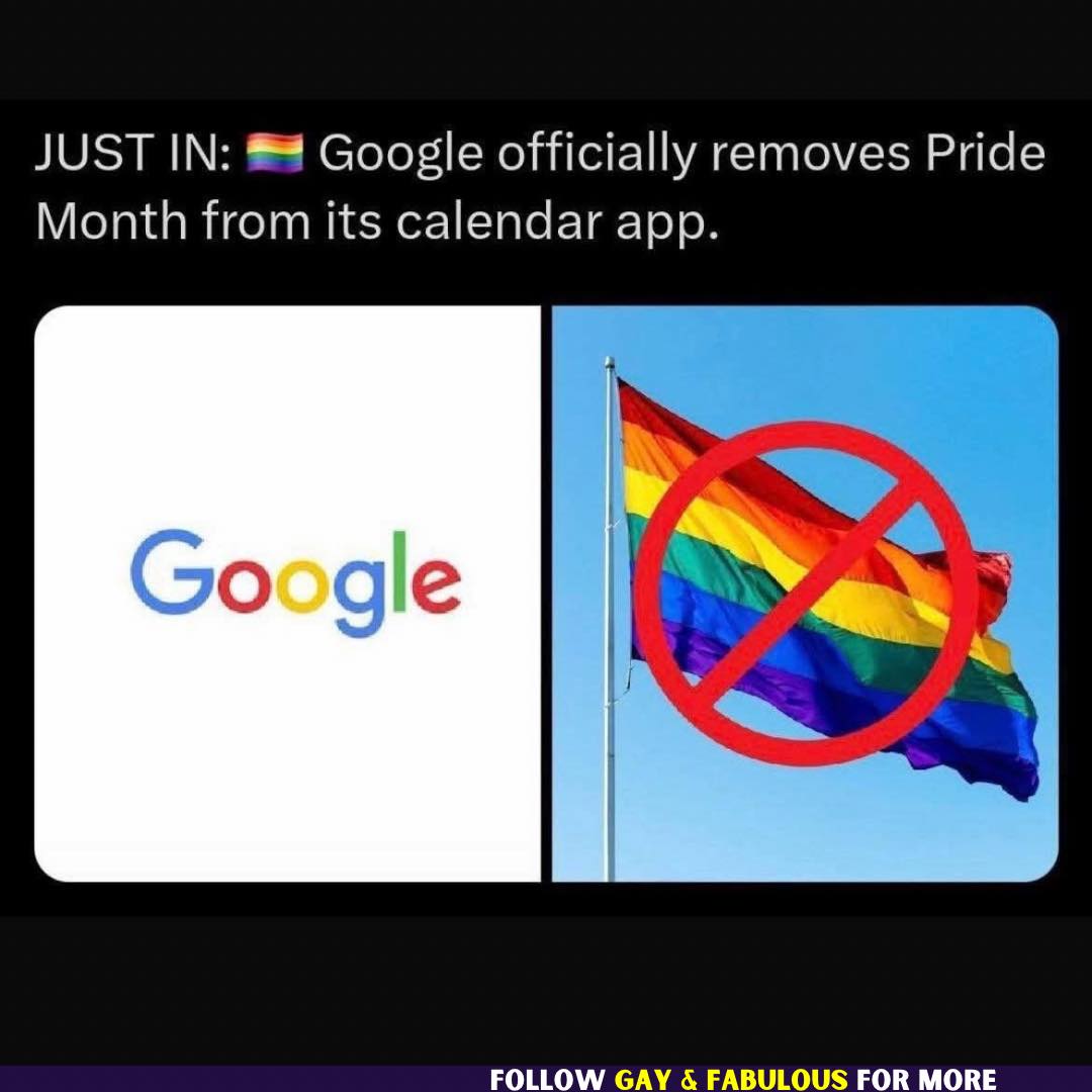 The meme is a play on the announcement of Google removing Pride Month from its calendar app. The image shows the Google logo with a red circle and line through it, indicating removal, and a red "X" marked through the...