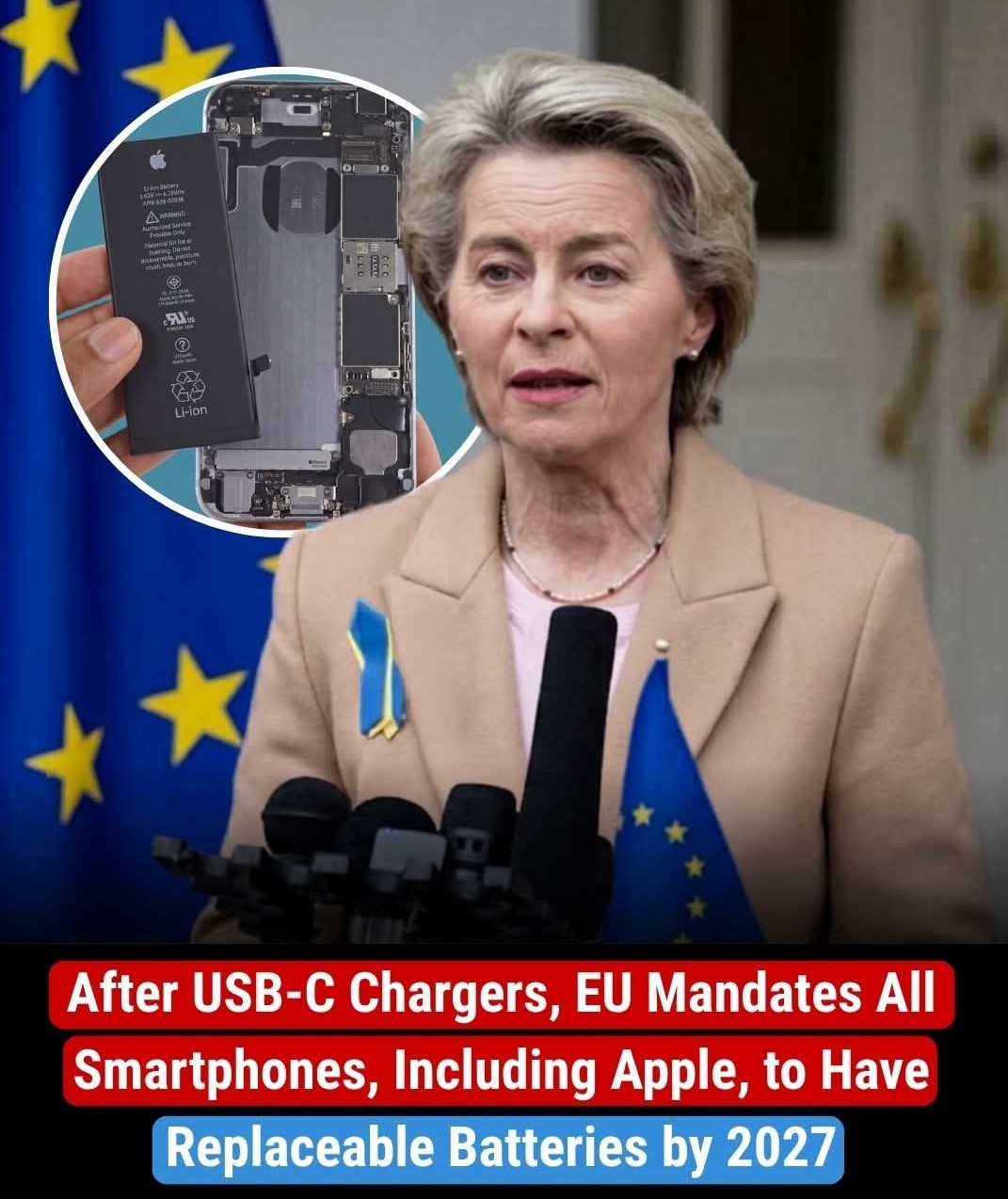 This meme ironically mocks the European Union's attempt to force smartphone manufacturers—like Apple—to keep their batteries removable just for political reasons rather than customer needs. For an anti-tech enthusiast...