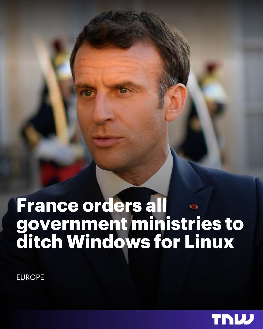 This satirical image mocks Microsoft's stubbornness and dominance in the software market by depicting a stern politician declaring that France is moving toward Linux. The caption, "France orders all government ministr...