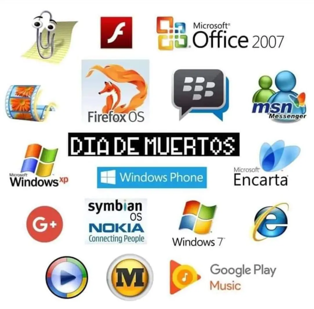This meme is a visual representation of the many operating systems and software applications that have been developed over the years. The image features a collage of logos from various companies, including Microsoft, Google, and others, with the text "Día de Muertos" (Day of the Dead) at the center. The image is meant to be humorous, implying that all these software systems have "died" and are no longer relevant.