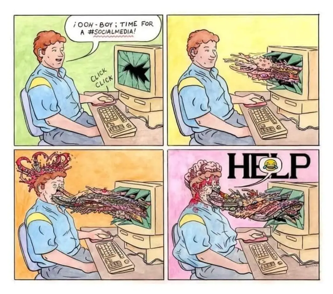 This meme is a humorous representation of a person's frustration with social media. It depicts a person clicking on a link to a social media platform, only to have their computer invaded by a monstrous, tentacled creature. The text "I clicked for a social media break, not a Cthulhu break" appears in the final panel, highlighting the absurdity of the situation.