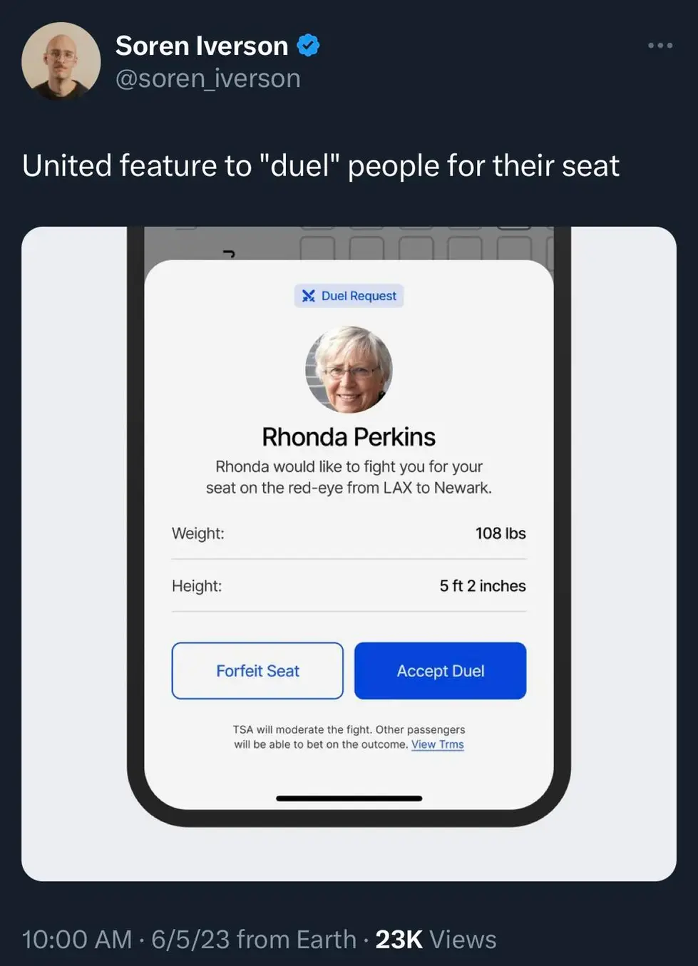 This meme is a screenshot of a fictional in-app notification on a phone, where a user is being asked to play a game of "Duel" with a woman named Rhonda. The notification is asking the user to "fight" Rhonda, and the user is given the option to "Accept" or "Forfeit" the duel. The text at the top of the image reads "United feature to 'duel' people for their seat".