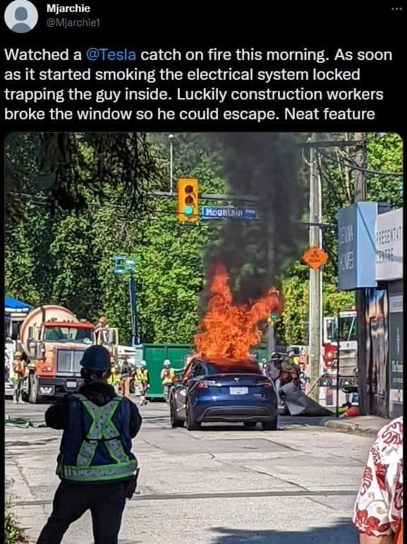 This meme is a joke about a Tesla car catching on fire, with the company's Twitter account responding to the incident. The image shows a car engulfed in flames, with a caption from the Tesla Twitter account saying "Don't worry, it'll be fine" and a follow-up tweet saying "We're working on a new feature to prevent this from happening again, it's called 'no fire'".