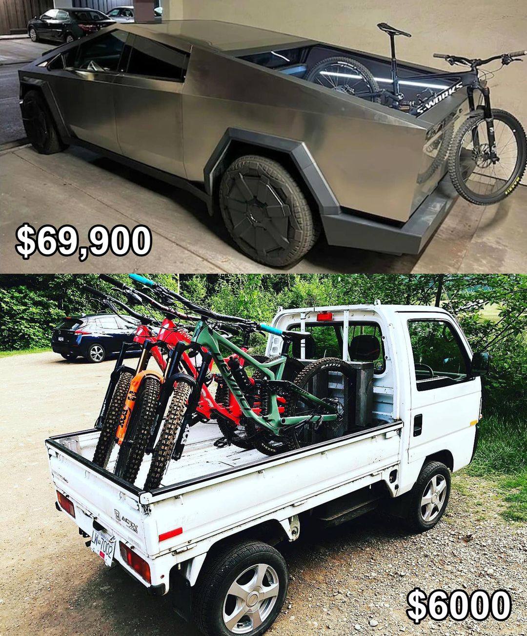The meme is a comparison between the price of the Tesla Cybertruck and the price of a small truck that can carry multiple bicycles. The top image shows the Cybertruck, with a price tag of "$69,900", while the bottom image shows a small truck with multiple bicycles, with a price tag of "$6,000". The meme is poking fun at the high price of the Cybertruck by comparing it to a much cheaper alternative that can still carry multiple bicycles.