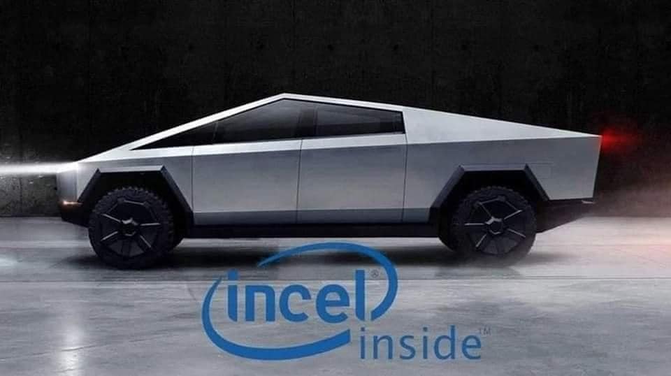 The meme features a photo of the Tesla Cybertruck, a futuristic-looking electric vehicle. The image is captioned "I can see the future and it's a Cybertruck" with a humorous tone implying that the vehicle is so futuristic it's already in the future.