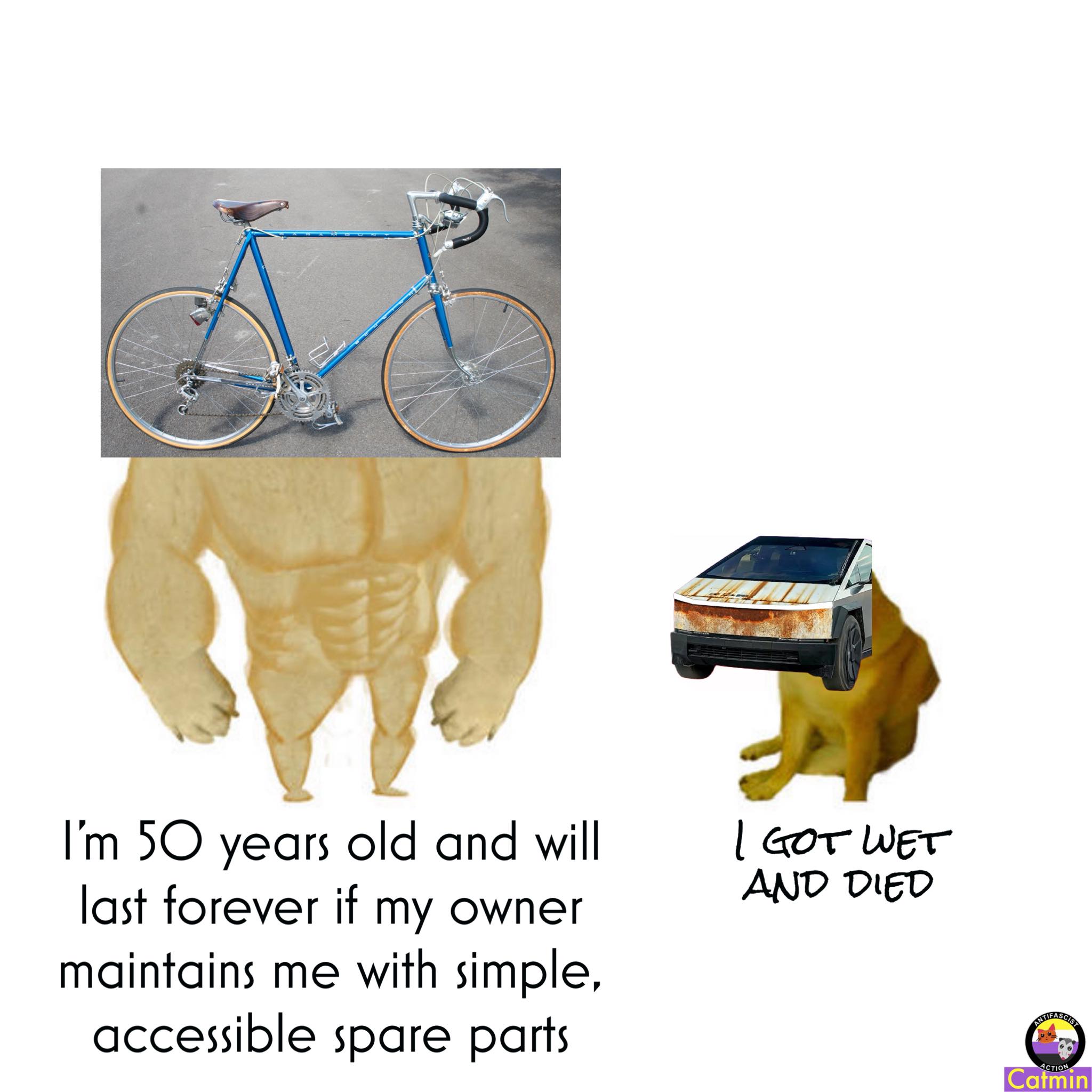 This meme is a humorous comparison between the longevity of a 50-year-old bicycle and a 50-year-old Tesla owner. The image shows a bicycle and a Tesla, with the text "I'm 50 years old and will last forever if my owner maintains me with simple, accessible spare parts" and "I got wet and died" next to a Tesla with rust and a dog that has died. The meme is poking fun at the idea that a simple bicycle can last longer than a high-tech car that is supposed to be reliable.