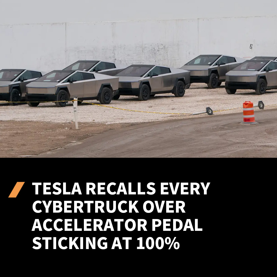 The meme is a humorous image of a row of Tesla Cybertrucks parked in a construction site, with a yellow caution line and a sign that says "Tesla: 0-60 in 2 seconds. 0-100 in 3." The text at the bottom of the image reads "Tesla recalls every Cybertruck over accelerator pedal sticking at 100%." The meme is poking fun at the idea that a car's accelerator pedal would be stuck at 100% all the time, implying that the car is constantly accelerating.