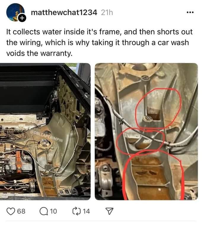 This meme is an image of a broken car's engine, with a caption explaining that the car's water pump has failed, causing water to leak into the engine. The caption reads: "It collects water inside its frame, and then shorts out the wiring, which is why taking it through a car wash voids the warranty."