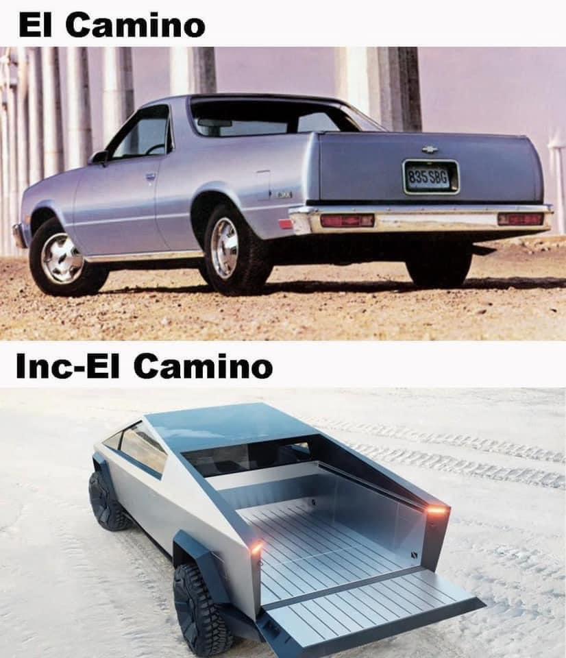 The meme is a humorous comparison between two vehicles, the Chevrolet El Camino and the Tesla Cybertruck, with a caption that says "El Camino vs. Cybertruck". The image shows a classic 1970s Chevrolet El Camino next to a futuristic, angular Cybertruck, highlighting the stark contrast between the two vehicles' designs.
