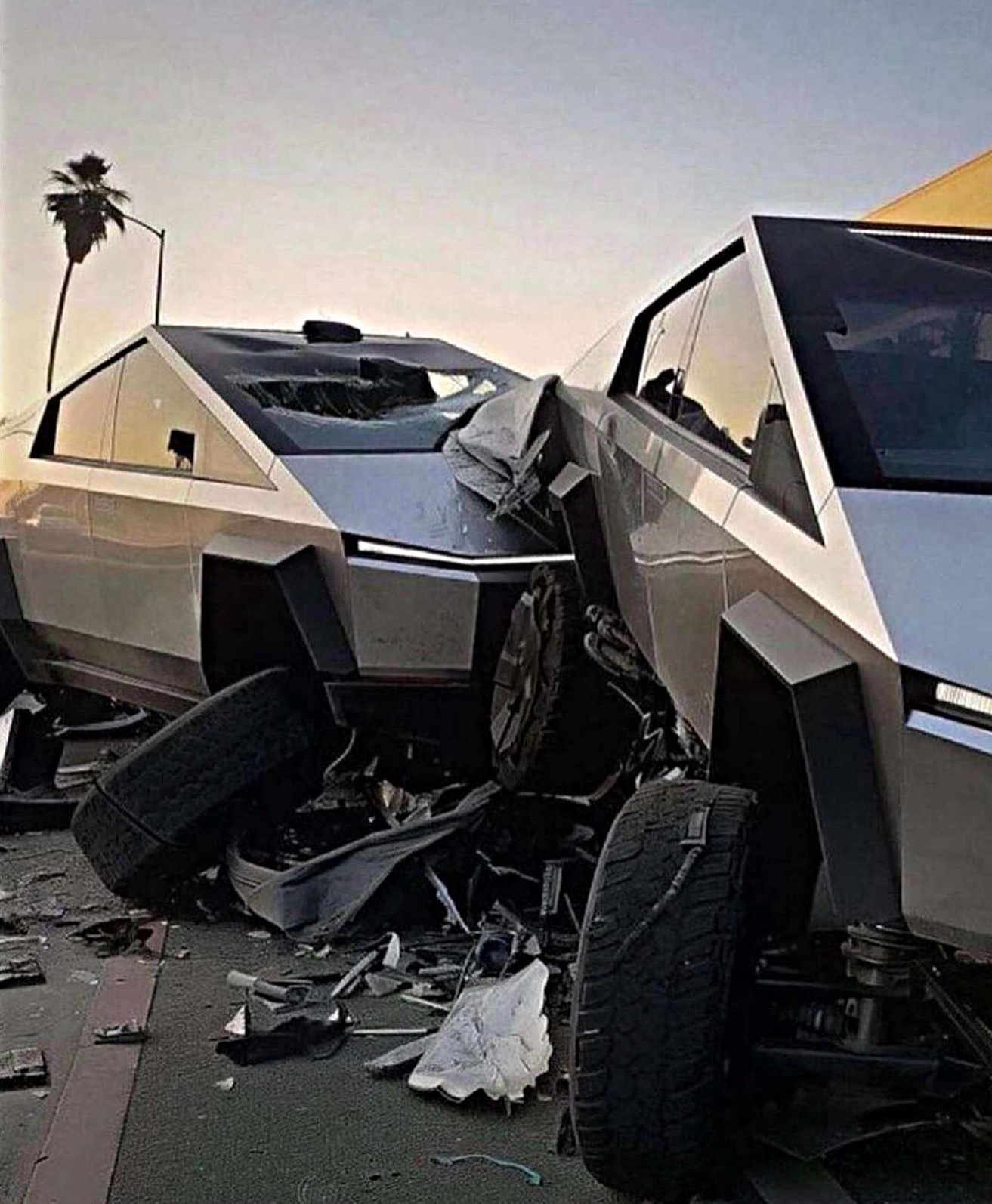 This meme is a humorous image of a Tesla Cybertruck that has been severely damaged in a car accident, with its futuristic design now resembling a crushed and mangled mess. The image is captioned "When you're trying to make a statement with your car, but it's just a statement".