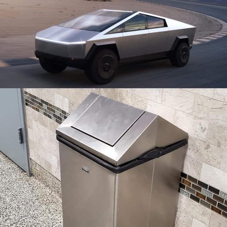 The meme is a joke about the new Tesla Cybertruck design being inspired by a trash can. The top image shows the Cybertruck, while the bottom image shows a trash can with a similar angular design. The text "Tesla: We're going to make cars that look like trash cans" is likely a caption for the meme.