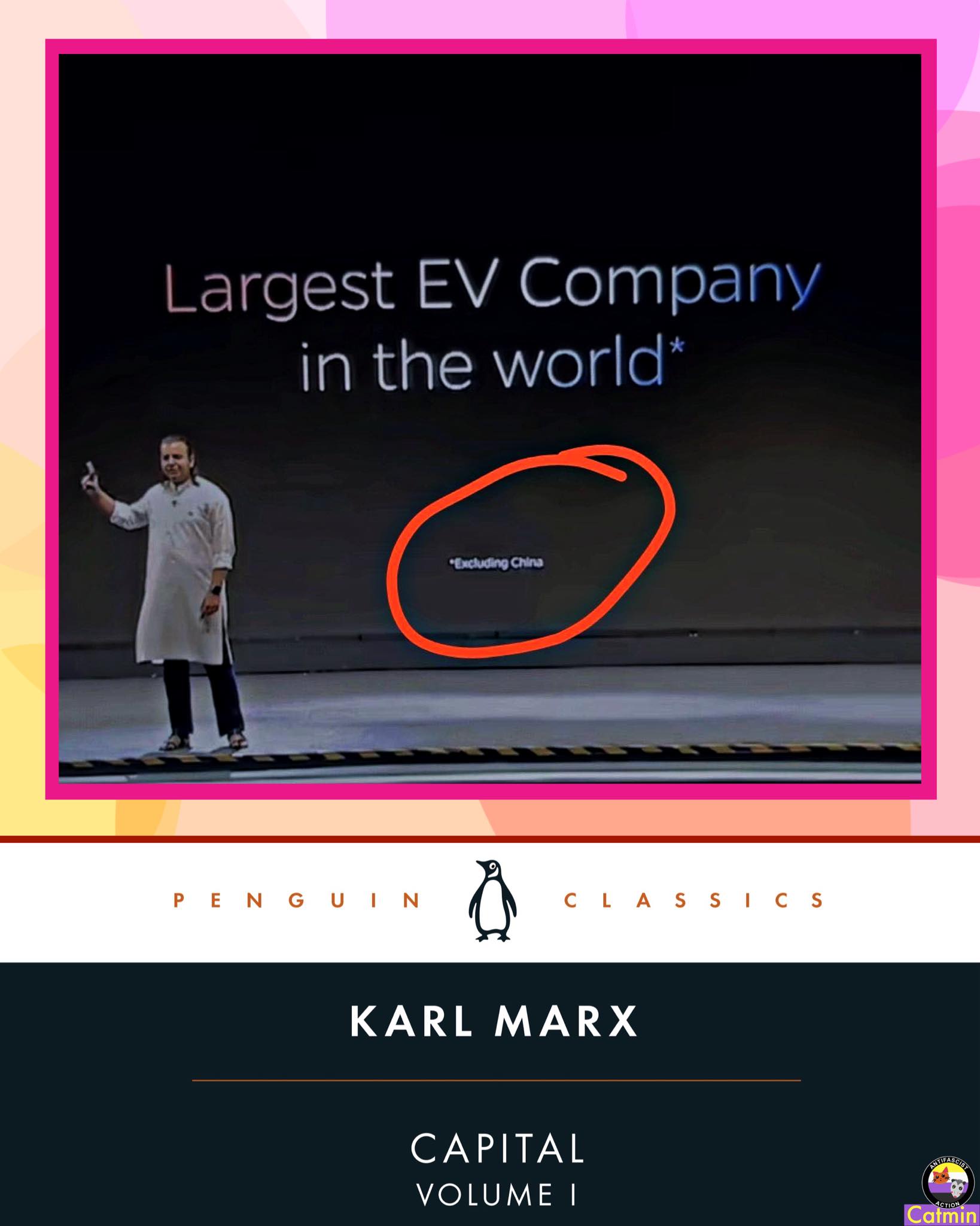 The meme is a screenshot of a presentation slide with a title "Largest EV Company in the World" and a photo of a person in a traditional Chinese outfit. The text at the top of the slide is highlighted and circled, with the text "Excluding China" written in a small font. The meme is likely making a humorous comment about the company's claim of being the largest in the world, implying that they are excluding China, a country with a large population and a significant number of people.