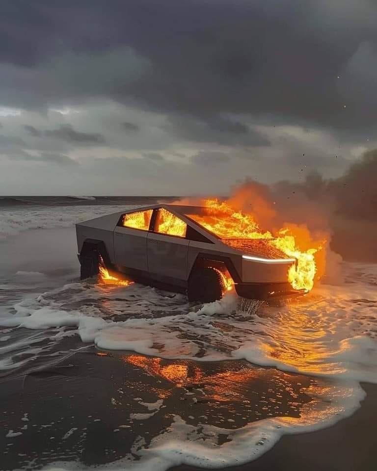 This meme features a photo of the Tesla Cybertruck, a futuristic electric vehicle, engulfed in flames and sinking into the ocean. The image is captioned "Tesla Cybertruck: Coming soon to a beach near you". The meme is a humorous take on the Cybertruck's launch, which was met with criticism and skepticism when it was first unveiled in 2019.