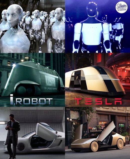 This meme is a collage of images from the 1984 film "The Terminator" and the 1999 film "The Matrix" and the 2004 film "I, Robot". The text "I, Robot" and "The Terminator" and "The Matrix" appear in the image, likely referencing the sci-fi movies' robots and futuristic themes. The meme is likely poking fun at the similarities between these movies' robot characters and futuristic technologies.