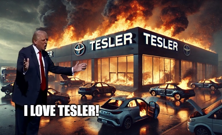 This meme is a humorous image of a person standing in front of a burning building with the sign "TESLER" on it. The person is shouting "I LOVE TESLER!" while the building is engulfed in flames. The image is a satirical take on the idea of a person being so enthusiastic about a company or brand that they're willing to ignore or even celebrate its demise.