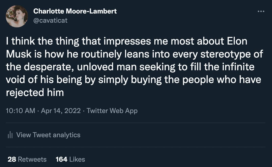 The meme is a screenshot of a Twitter post that reads: "I think the thing that impresses me most about Elon Musk is how he routinely leans into every stereotype of the desperate, unloved man seeking to fill the infinite void of his being by simply buying the people who have rejected him." The text is a humorous commentary on Elon Musk's personality and behavior.