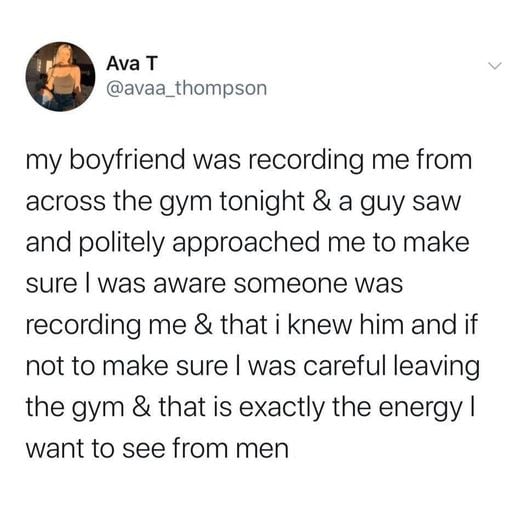 This meme is a humorous tweet from a woman who had a strange experience at the gym. She wrote that a man she was talking to at the gym recorded her without her knowledge or consent, and she found it "creepy" and "freaking terrifying". She jokingly threatened to expose him to his friends or family, implying that he would be embarrassed or humiliated.
