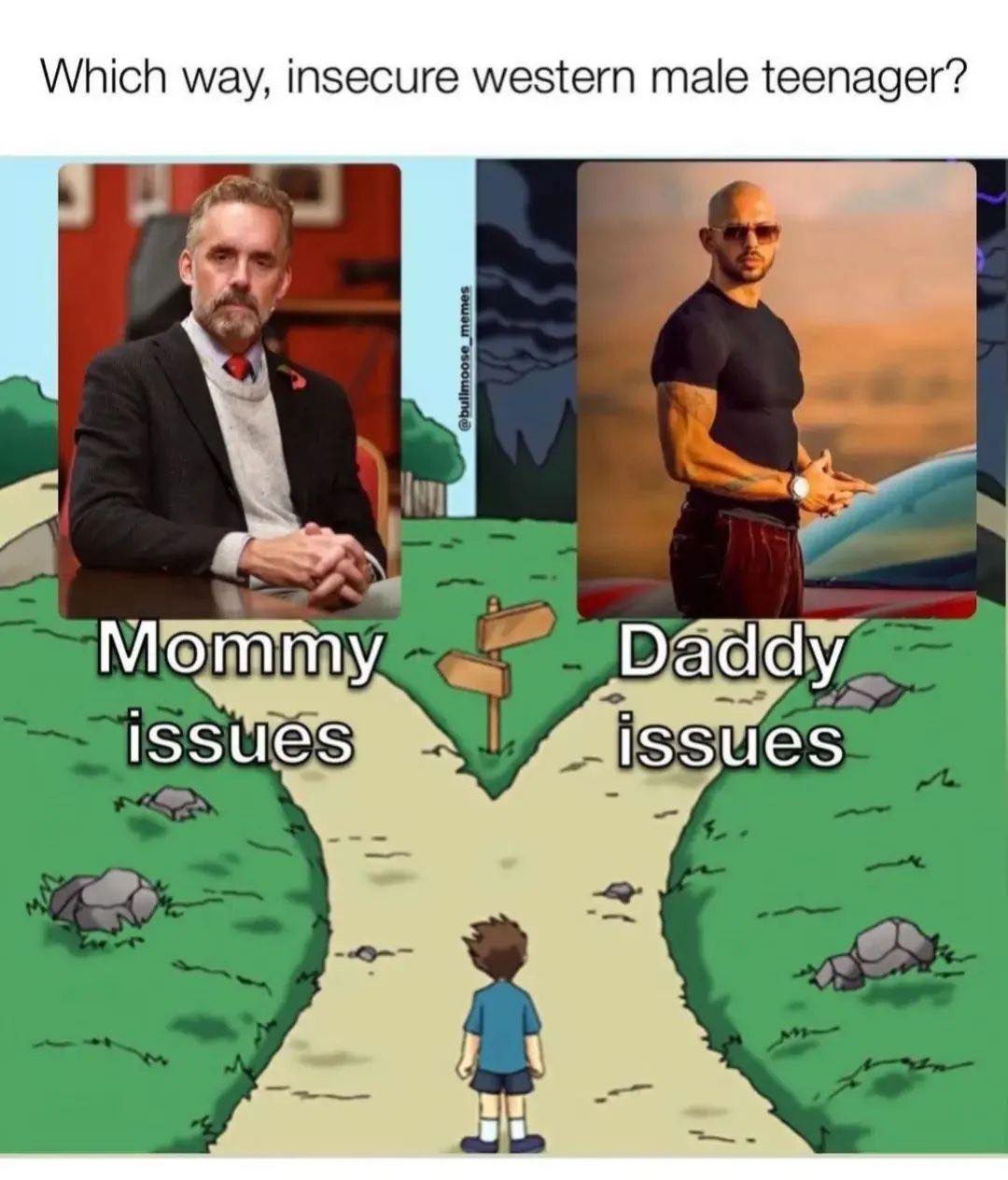 This meme is a humorous take on the idea of choosing between two parental figures. The image features a fork in the road with two paths, labeled "Mommy issues" and "Daddy issues." The text at the top asks, "Which way, insecure western male teenager?" The meme is poking fun at the idea that a young man might struggle with the expectations of his parents, particularly his father, and the way he might feel about his father's influence.