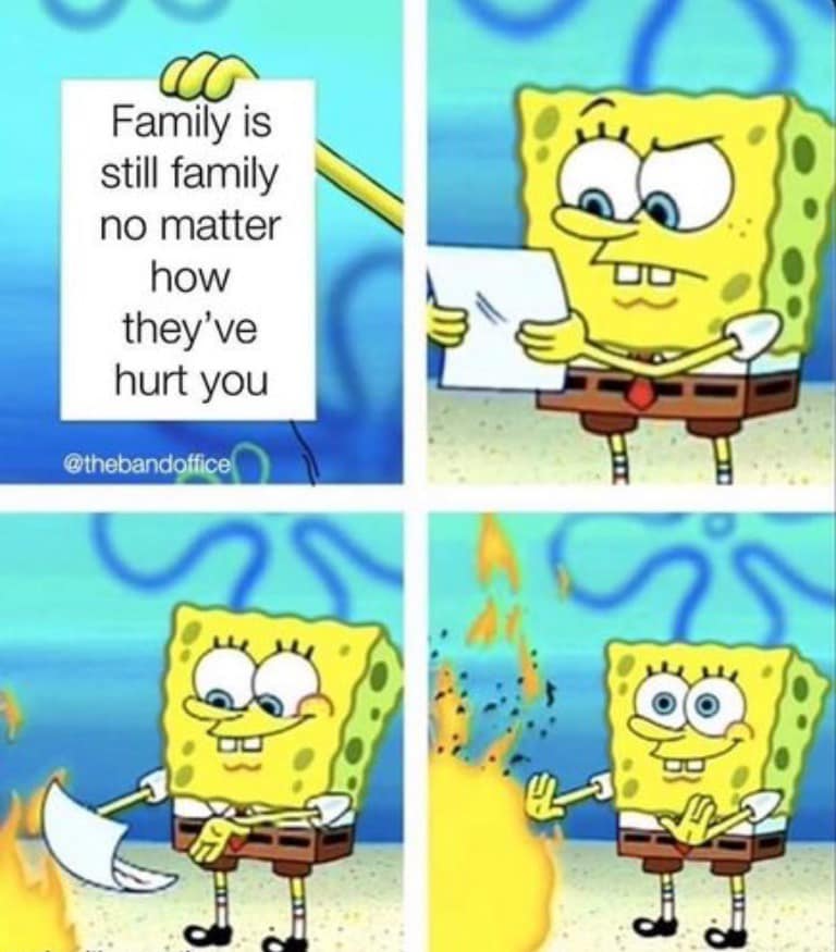 This meme features SpongeBob SquarePants holding a sign that reads "Family is still family even if they burn down your house and kill your dog." The image is a humorous take on the idea that family is often considered to be a source of support and love, even when they are not always easy to be around. The text is written in a deadpan style, implying that even the most dysfunctional family members can still be considered family.