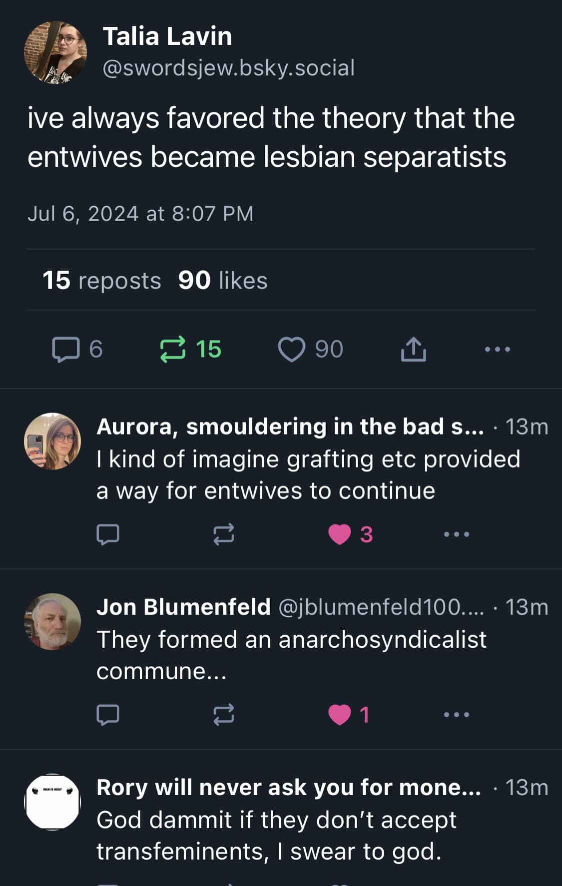 This meme is a screenshot of a Twitter thread where users are discussing the concept of "entwives" from J.R.R. Tolkien's "The Lord of the Rings". One user comments that they've always been fascinated by the idea of the entwives, who are a fictional species of ancient beings that live in harmony with nature. A user responds with a humorous remark about the entwives being a "hippie" or "new age" type of species, which is met with laughter and agreement from others in the thread.