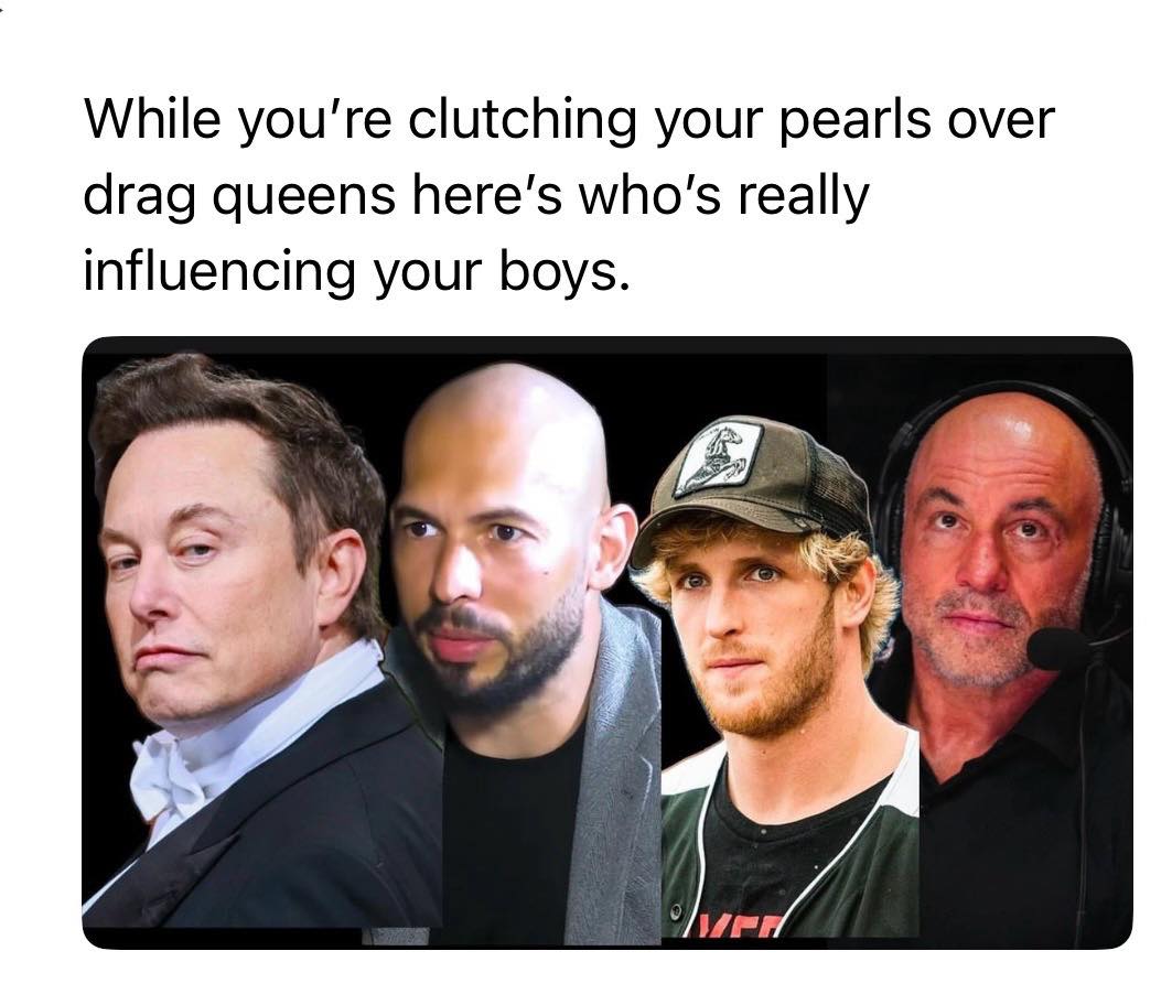 This meme is a humorous commentary on the influence of certain individuals on younger generations. The text reads: "While you're out here trying to get your kids to stop playing with your phone, these guys are influencing your boys." The image features a collage of four prominent figures: Elon Musk, Mark Zuckerberg, Logan Paul, and Joe Rogan, implying that these men have a significant impact on the younger generation.