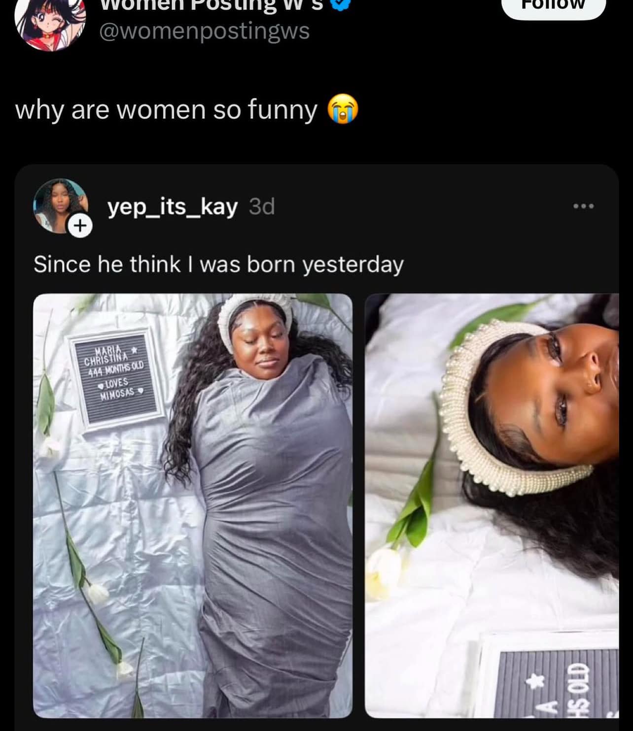 The meme is a screenshot of a post from the social media platform Reddit, featuring a photo of a woman who is pregnant and appears to be exhausted. The text above the image reads "why are women so funny" and below it says "in 2-3 sentences, describe this meme for someone who cannot see it".  The meme is a humorous example of a "pregnancy announcement" where the woman is lying on a bed, surrounded by flowers and a sign that says "I'm pregnant". The text above the image reads "I'm pregnant and I'm not even 2 months yet" and the caption below it says "I'm not even 2 months yet and I'm already tired".