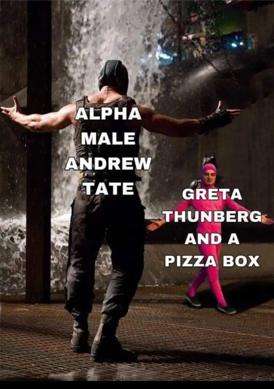 This meme is a humorous take on the concept of "man in the middle" where one person is caught in the middle of two others. The image depicts a scene from the movie "The Dark Knight" where Bane is about to throw Batman into a river. The meme replaces Bane's words "I am vengeance, I am the night, I am Bane" with "I am the man in the middle, I am the middle man, I am the one stuck between" and lists a series of names including "Alpha Male", "Andrew Tate", and "Greta Thunberg and a Pizza Box".